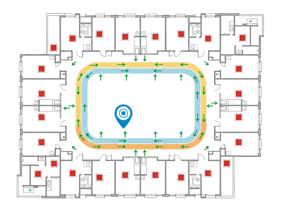 Ejemplo real de plano de evacuación con señalización USTED ESTÁ AQUÍ