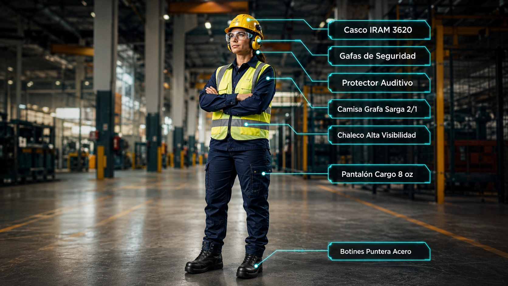 Diagrama de un operario industrial señalando la integración de EPP de pies a cabeza