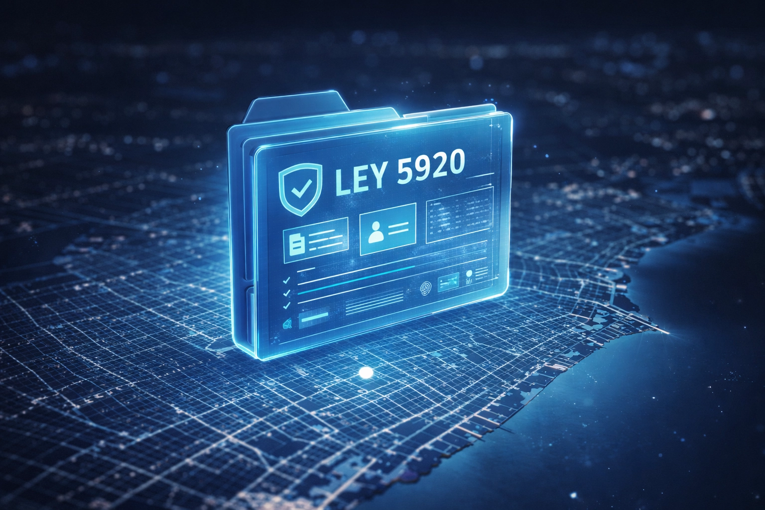 Concepto digital Ley 5920 TAD - Carpeta futurista sobre mapa de Buenos Aires