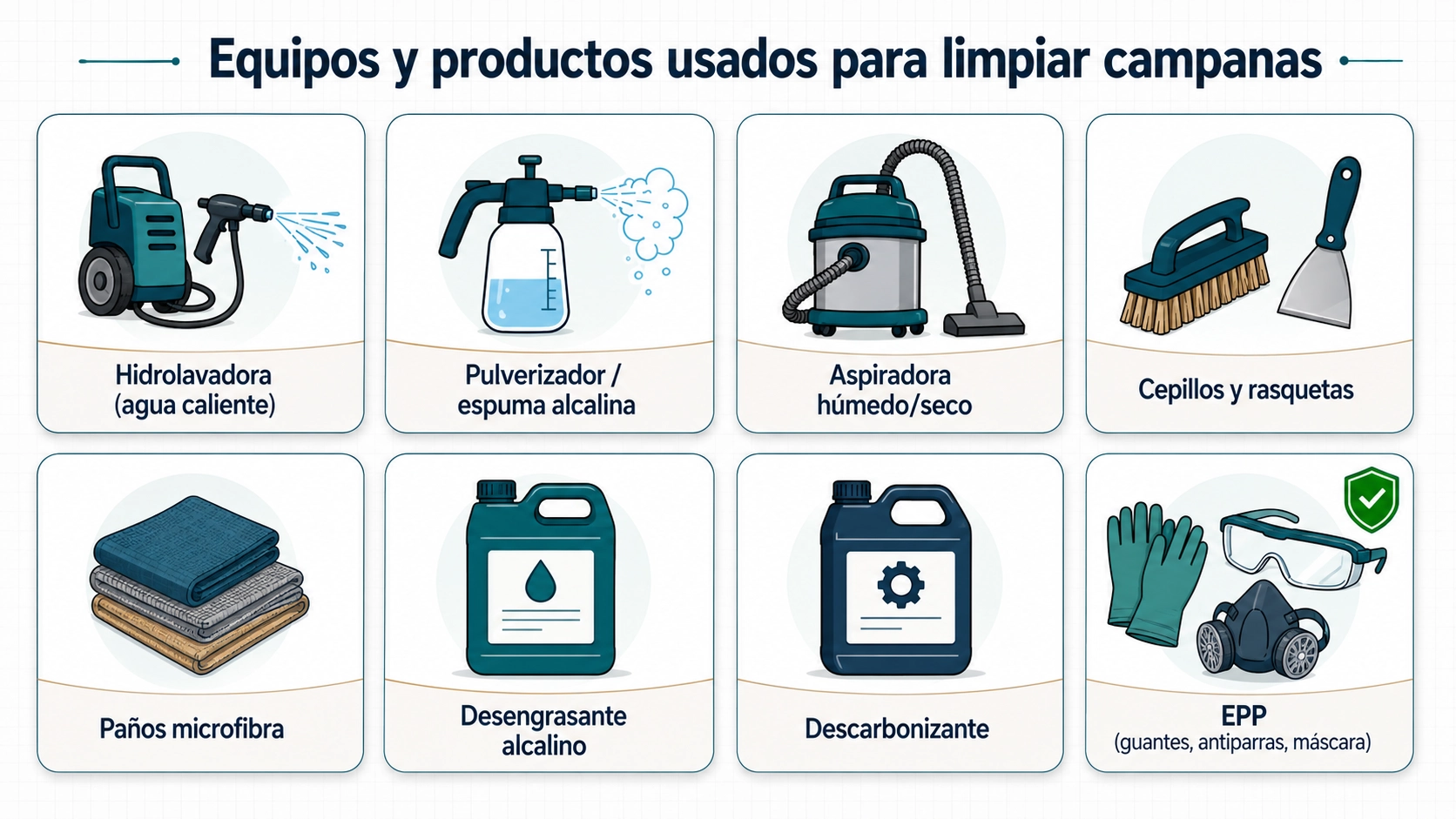 Infografía: equipos y productos usados para limpieza profesional de campanas y conductos
