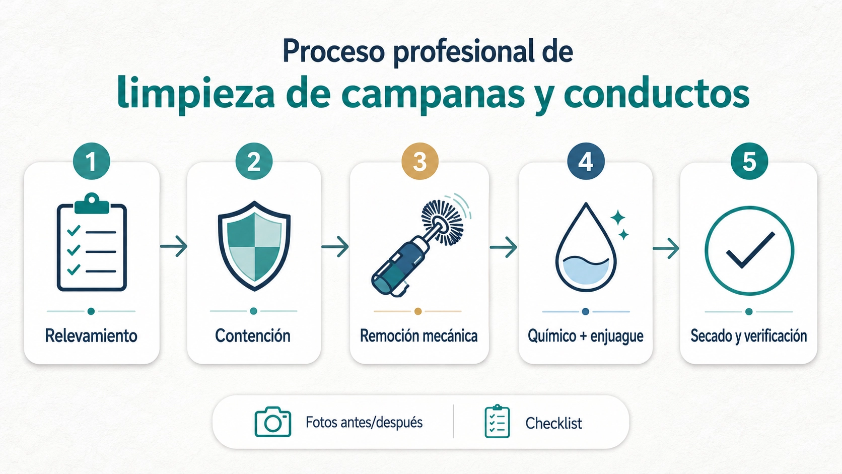 Infografía: proceso profesional de limpieza de campanas y conductos en 5 pasos