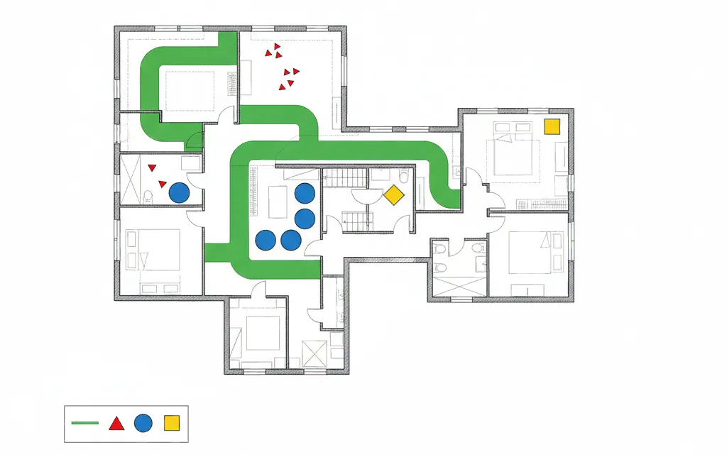 Plano técnico de evacuación con todas las referencias y señalizaciones