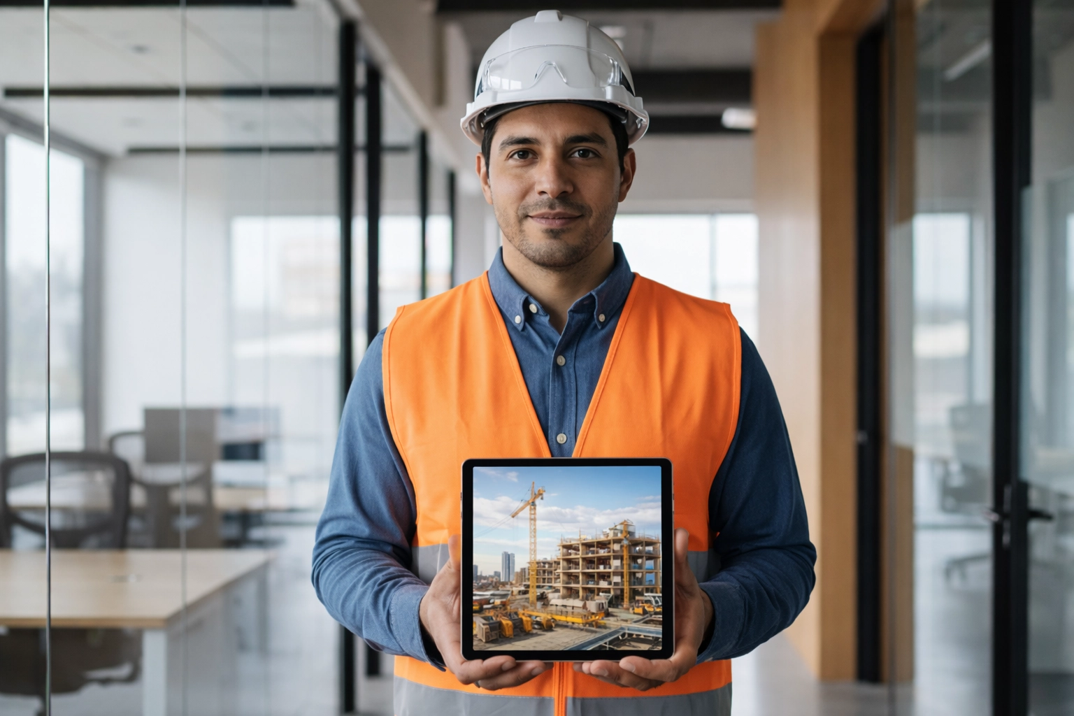 Profesional de seguridad revisando planos de evacuación en tablet digital