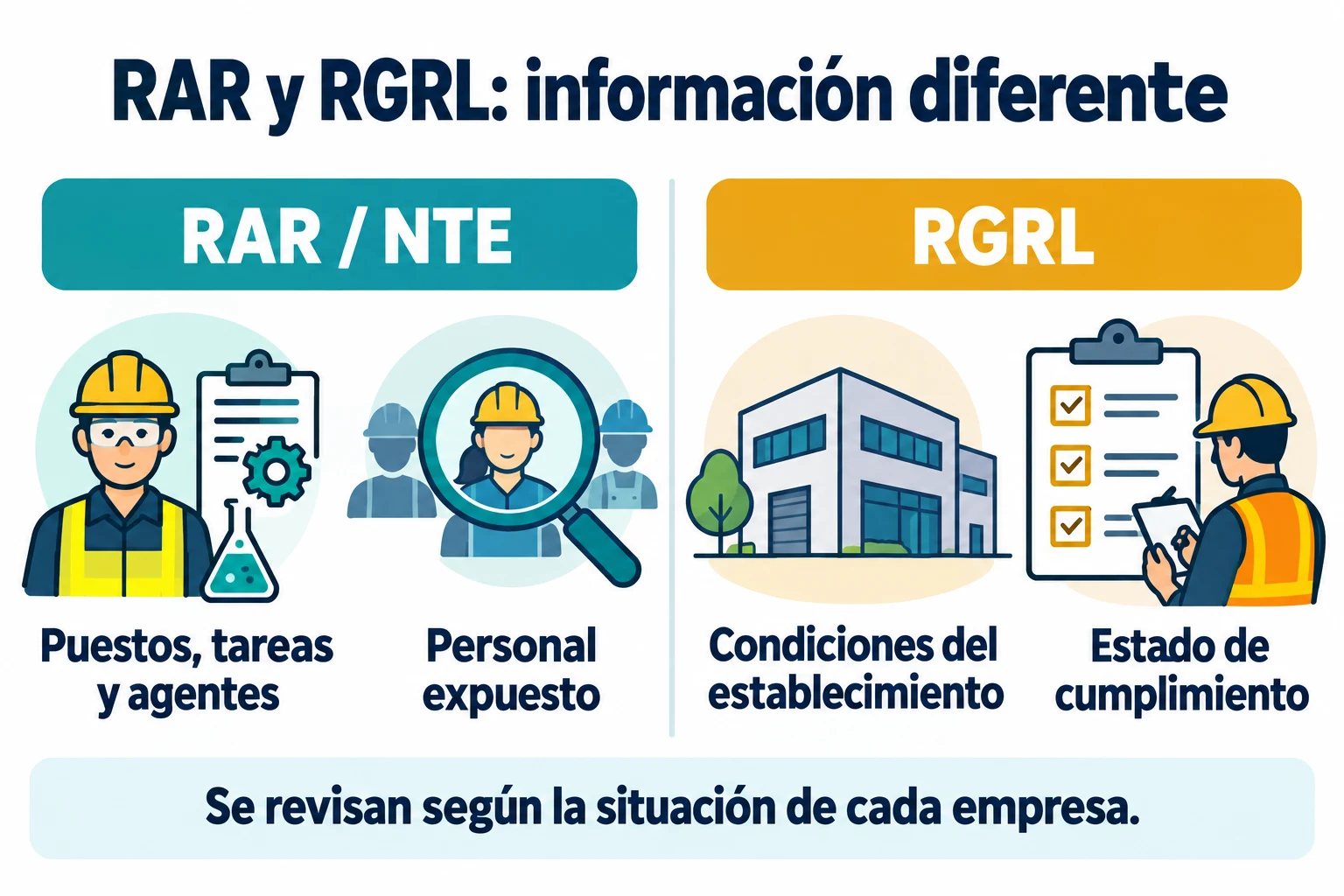 RAR y NTE: puestos, tareas, agentes y personal expuesto. RGRL: condiciones del establecimiento y estado de cumplimiento. Se revisan según la situación de cada empresa.