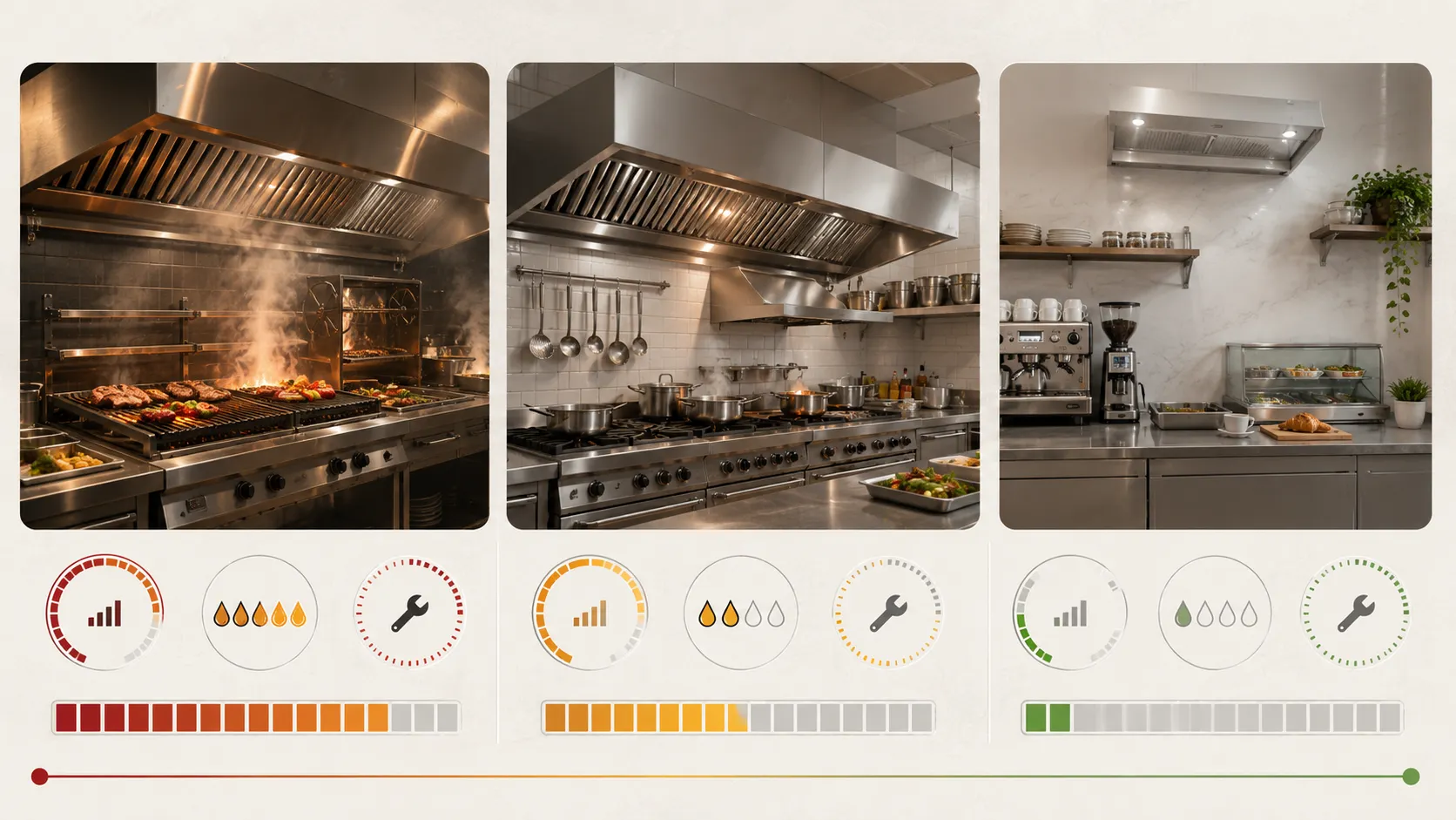 Comparativa visual de frecuencia de mantenimiento entre parrilla, restaurante y cafetería