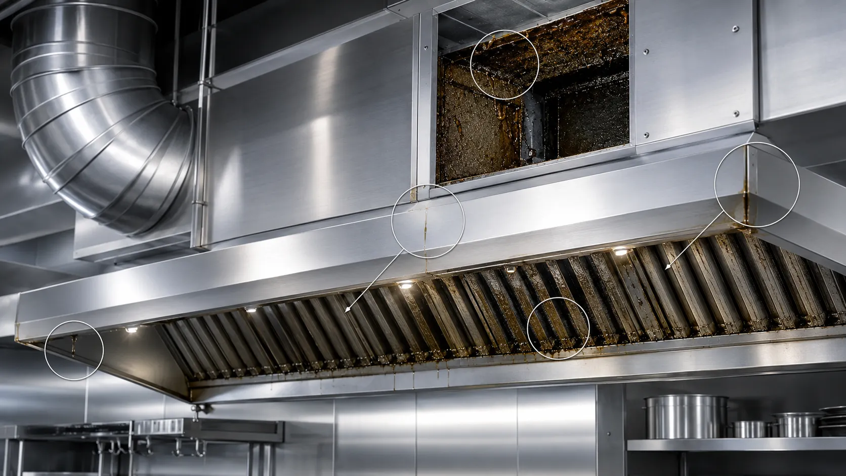 Zonas críticas con acumulación de grasa en campanas, filtros y conductos de cocina industrial