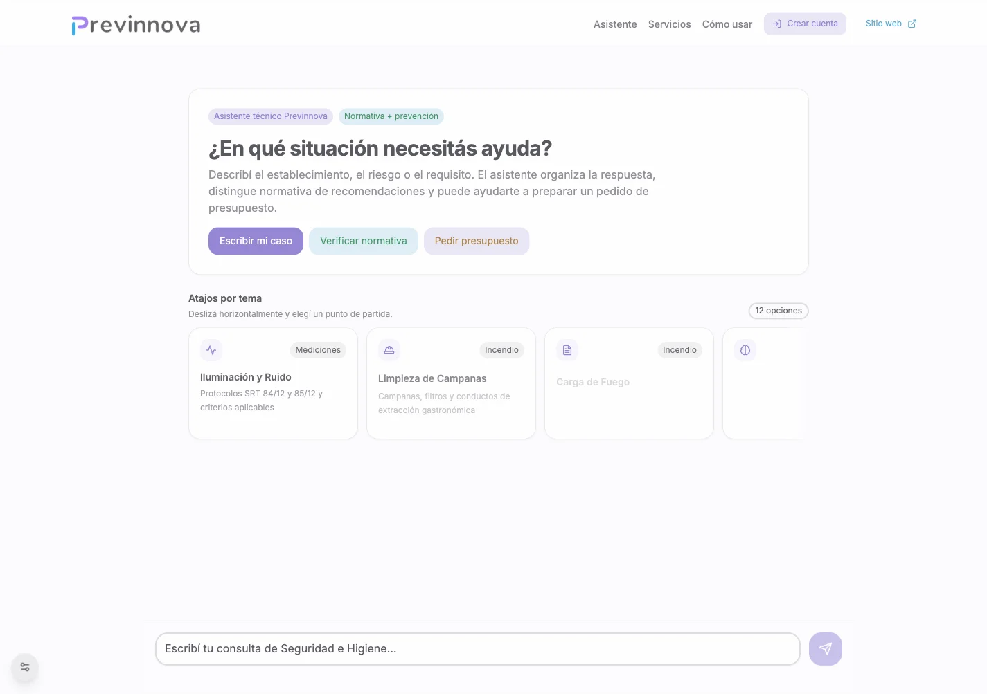 Pantalla del asistente con los tres accesos principales, atajos por tema y campo para escribir una consulta