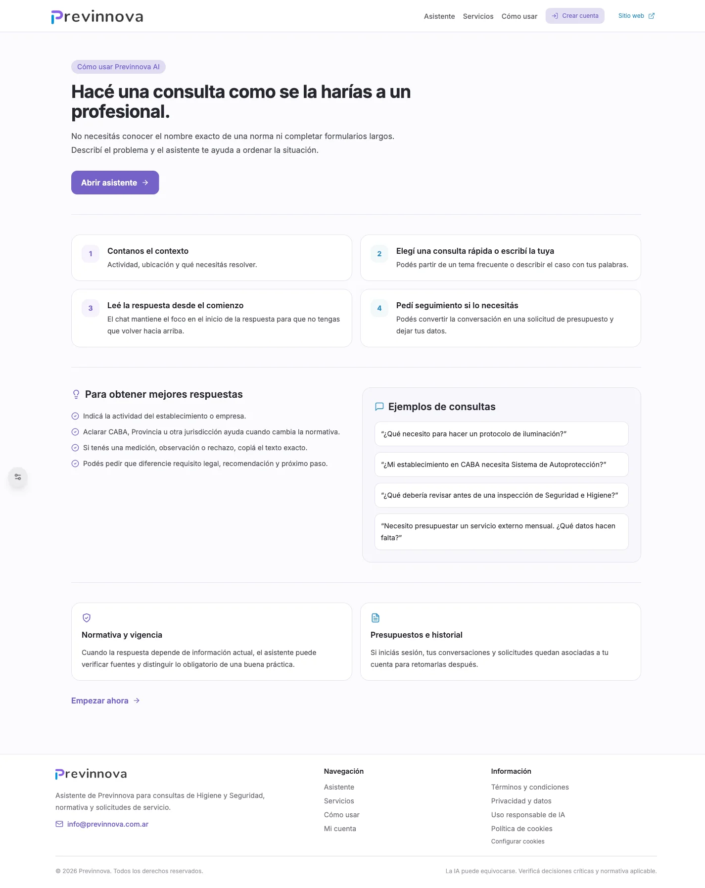 Guía de Previnnova AI con pasos de uso, recomendaciones y ejemplos de consultas
