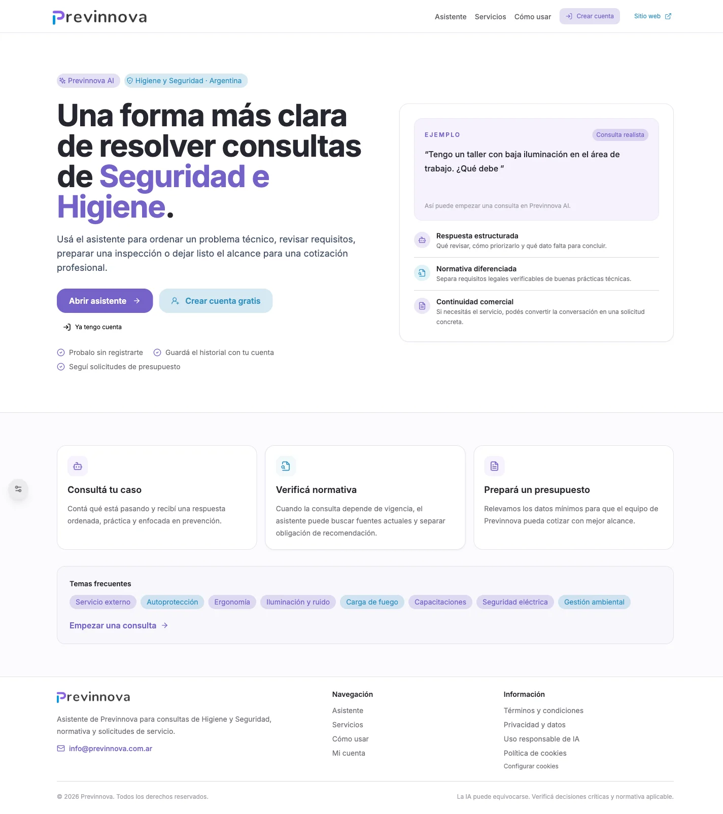 Portada de Previnnova AI con accesos al asistente y a la creación de una cuenta